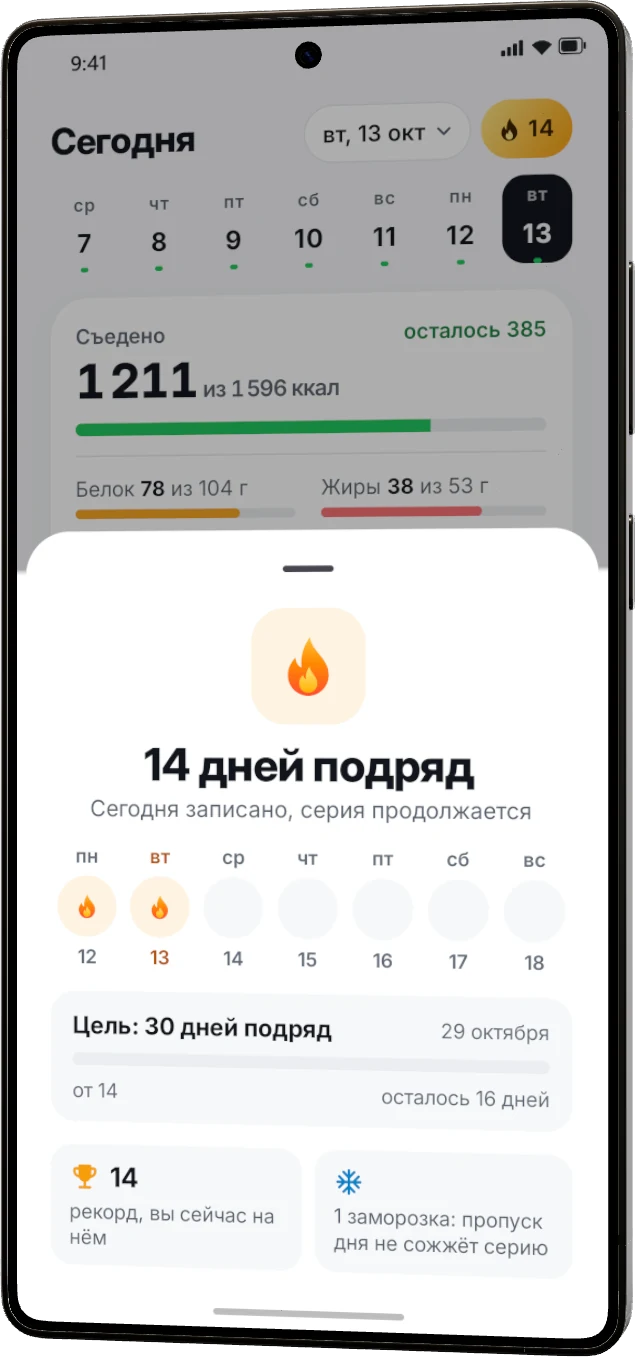 Серия: 14 дней подряд, цель 30 дней, рекорд и заморозка на пропуск дня